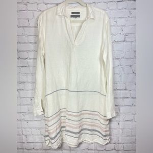 Tahari 100% Linen Shirt Dress 1/4 Button Down Off White With Stripes
